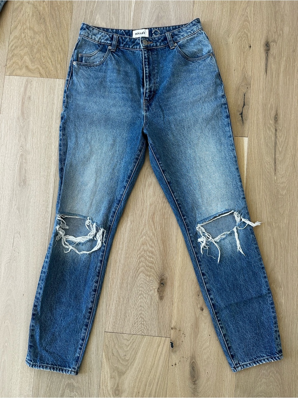 ROLLA'S Distressed high rise slim dusters Medium Blue Jeans